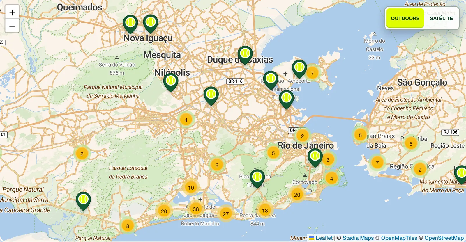 Prévia do mapa de quadras de tênis